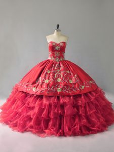 Sleeveless Organza Floor Length Lace Up Sweet 16 Dress in Red with Embroidery and Ruffles