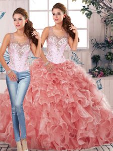 Organza Scoop Sleeveless Clasp Handle Beading and Ruffles Quinceanera Gowns in Watermelon Red