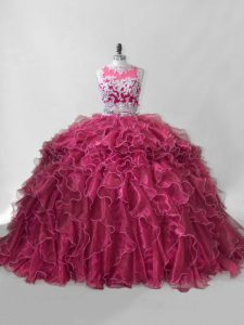 High Quality Zipper Ball Gown Prom Dress Hot Pink for Sweet 16 and Quinceanera with Beading and Ruffles Brush Train