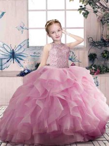 Sleeveless Floor Length Beading and Ruffles Zipper Pageant Gowns For Girls with Pink