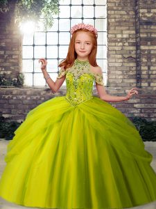 Wonderful Olive Green Halter Top Lace Up Beading Girls Pageant Dresses Sleeveless
