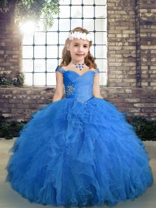 Top Selling Blue Lace Up Straps Beading and Ruffles Kids Pageant Dress Tulle Sleeveless