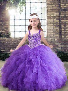 High End Lavender and Purple Tulle Lace Up Straps Sleeveless Floor Length Child Pageant Dress Beading and Ruffles