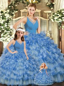Attractive Blue V-neck Neckline Ruffled Layers and Ruching Quinceanera Gown Sleeveless Backless