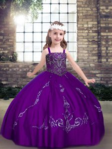 Floor Length Purple Little Girls Pageant Gowns Straps Sleeveless Lace Up