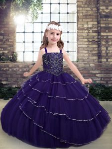 Purple Sleeveless Floor Length Beading Lace Up Little Girls Pageant Gowns