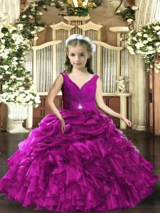 Custom Made Purple Organza Backless V-neck Sleeveless Floor Length Little Girl Pageant Dress Beading and Ruffles and Ruching