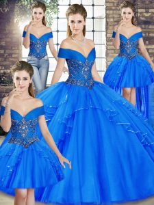 On Sale Royal Blue Quinceanera Dresses Military Ball and Sweet 16 and Quinceanera with Beading and Ruffles Off The Shoulder Sleeveless Lace Up