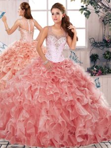 Cute Watermelon Red Scoop Clasp Handle Beading and Ruffles Quinceanera Gown Sleeveless