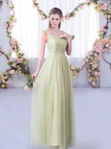 Yellow Green Sleeveless Lace and Belt Floor Length Quinceanera Dama Dress