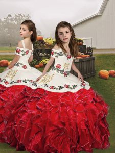 Straps Sleeveless Little Girls Pageant Dress Wholesale Floor Length Embroidery and Ruffles Red Organza