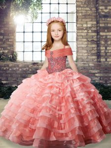 Amazing Straps Sleeveless Brush Train Lace Up Pageant Gowns For Girls Watermelon Red Organza