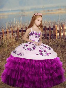 Unique Floor Length Fuchsia Kids Formal Wear Organza Sleeveless Embroidery and Ruffled Layers and Bowknot