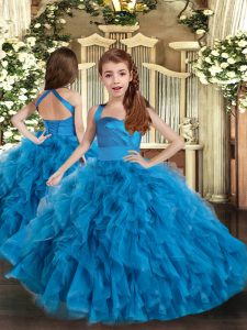 Floor Length Ball Gowns Sleeveless Blue Kids Formal Wear Lace Up