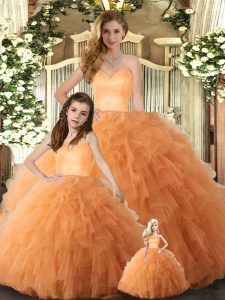 Orange Ball Gowns Sweetheart Sleeveless Tulle Floor Length Lace Up Ruffles Ball Gown Prom Dress