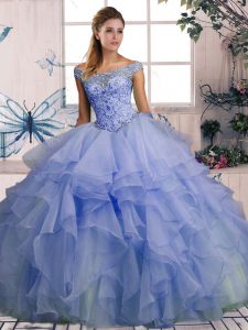 Luxurious Lavender Ball Gowns Off The Shoulder Sleeveless Organza Floor Length Lace Up Beading and Ruffles Quinceanera Gown