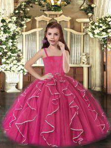 Latest Fuchsia Lace Up Little Girls Pageant Dress Ruffles Sleeveless Floor Length