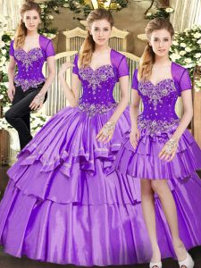 Luxurious Lavender Organza and Taffeta Lace Up Sweet 16 Dresses Sleeveless Floor Length Beading and Ruffled Layers