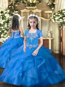 Low Price Blue Ball Gowns Straps Sleeveless Tulle Floor Length Lace Up Beading and Ruffles Little Girls Pageant Dress Wholesale