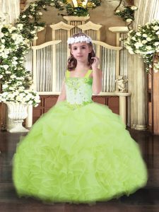 Organza Straps Sleeveless Lace Up Beading and Ruffles and Pick Ups Kids Pageant Dress in Yellow Green