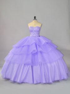 Fantastic Lavender Ball Gowns Beading and Ruffled Layers Quinceanera Gown Lace Up Organza Sleeveless