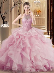 Pink Ball Gowns Halter Top Sleeveless Organza Sweep Train Lace Up Beading and Ruffles Quince Ball Gowns