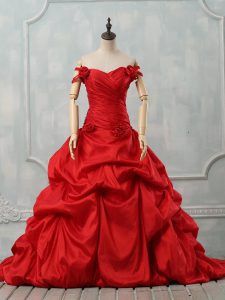 Custom Design Red Taffeta Lace Up 15 Quinceanera Dress Sleeveless Court Train Pick Ups and Hand Made Flower