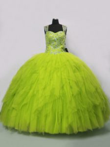 Sweet Floor Length Lace Up Quinceanera Dresses Yellow Green for Sweet 16 and Quinceanera with Beading and Ruffles