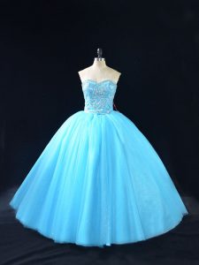 Popular Sleeveless Floor Length Beading Lace Up 15 Quinceanera Dress with Baby Blue
