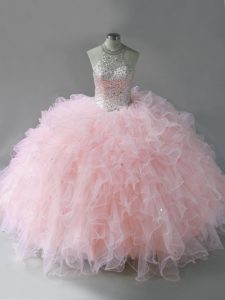 Superior Pink Sleeveless Beading and Ruffles Floor Length Quinceanera Dresses