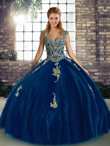 Modest Sleeveless Floor Length Beading and Appliques Lace Up 15 Quinceanera Dress with Royal Blue