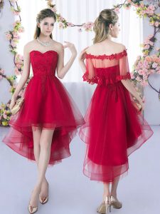 Artistic Wine Red Sleeveless Lace High Low Vestidos de Damas