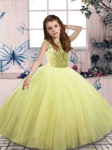 Yellow Green Lace Up Little Girl Pageant Dress Beading Sleeveless Floor Length