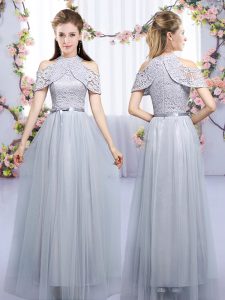 Best Selling High-neck Sleeveless Damas Dress Floor Length Lace and Belt Grey Tulle