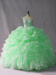 Perfect Apple Green Organza Lace Up Ball Gown Prom Dress Sleeveless Brush Train Beading and Ruffles