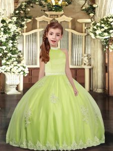 Yellow Green Kids Formal Wear Party and Sweet 16 and Wedding Party with Beading and Appliques Halter Top Sleeveless Backless