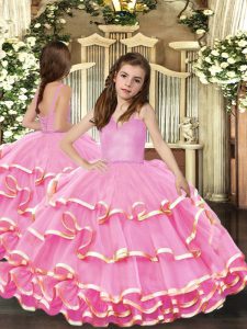 Pink Organza Lace Up Pageant Gowns For Girls Sleeveless Floor Length Beading and Ruffled Layers