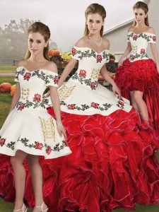 White And Red Lace Up Quinceanera Gown Embroidery and Ruffles Sleeveless Floor Length