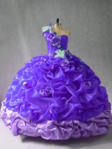 Purple Ball Gowns One Shoulder Sleeveless Organza Floor Length Lace Up Pick Ups and Hand Made Flower 15 Quinceanera Dress