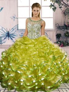 Ideal Olive Green Sweet 16 Dresses Military Ball and Sweet 16 and Quinceanera with Beading and Ruffles Scoop Sleeveless Lace Up