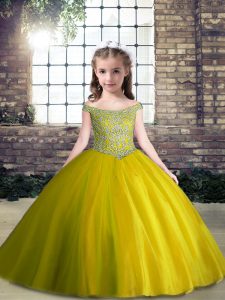 Pretty Off The Shoulder Sleeveless Lace Up Little Girl Pageant Dress Olive Green Tulle