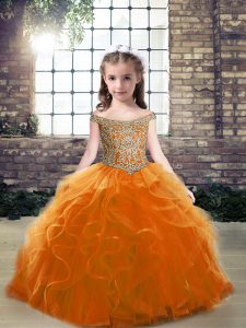 Sleeveless Tulle Floor Length Lace Up Little Girl Pageant Gowns in Orange with Beading