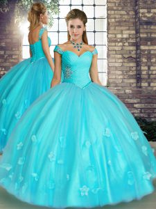 Sweet Off The Shoulder Sleeveless Tulle 15th Birthday Dress Beading and Appliques Lace Up