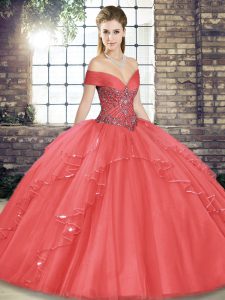 Watermelon Red Ball Gown Prom Dress Military Ball and Sweet 16 and Quinceanera with Beading and Ruffles Off The Shoulder Sleeveless Lace Up