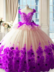 Hot Sale White And Purple Zipper Quinceanera Dress Hand Made Flower Sleeveless Brush Train