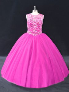 Elegant Fuchsia Tulle Lace Up Scoop Sleeveless Floor Length Ball Gown Prom Dress Beading