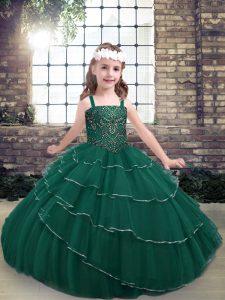 Popular Straps Sleeveless Lace Up Girls Pageant Dresses Peacock Green Lace