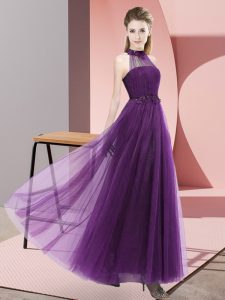 Luxurious Halter Top Sleeveless Damas Dress Floor Length Beading and Appliques Dark Purple Tulle