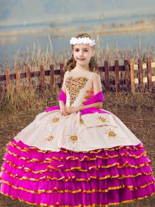 Fancy Sleeveless Floor Length Beading and Embroidery and Ruffled Layers Lace Up Little Girls Pageant Dress with Fuchsia