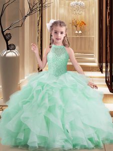 Amazing Apple Green Little Girls Pageant Dress Wholesale Party and Sweet 16 and Wedding Party with Beading and Ruffles High-neck Sleeveless Lace Up